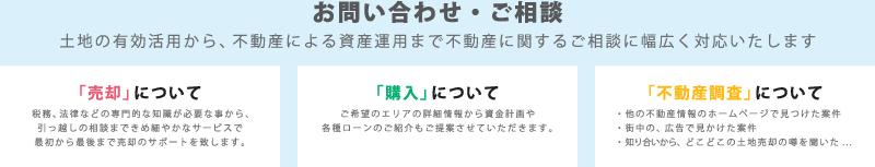 お問い合わせ・ご相談　土地の有効活用から、不動産による資産運用まで不動産に関するご相談に幅広く対応いたします